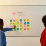 two women standing in front of a white board with sticky notes on it
