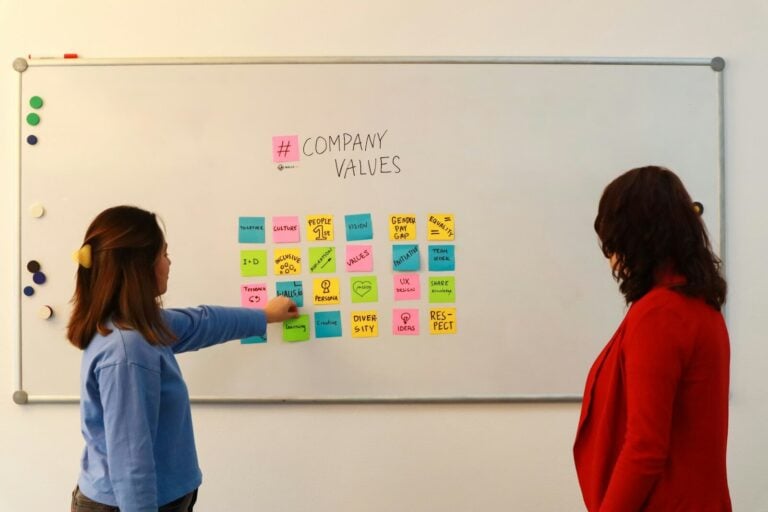 two women standing in front of a white board with sticky notes on it