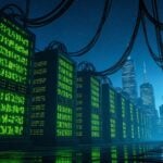 Servers illuminate a futuristic cityscape with a data center