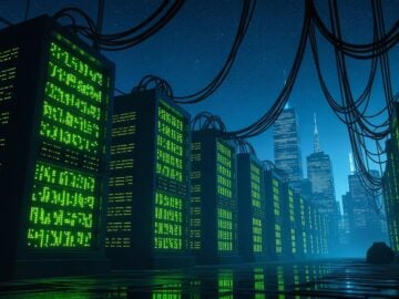 Servers illuminate a futuristic cityscape with a data center