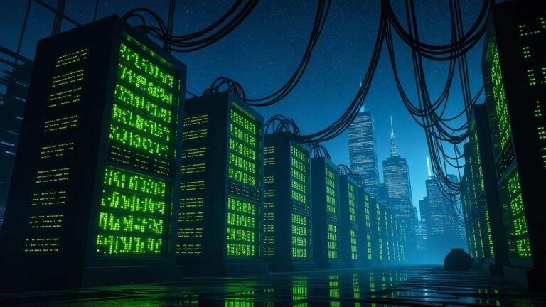 Servers illuminate a futuristic cityscape with a data center